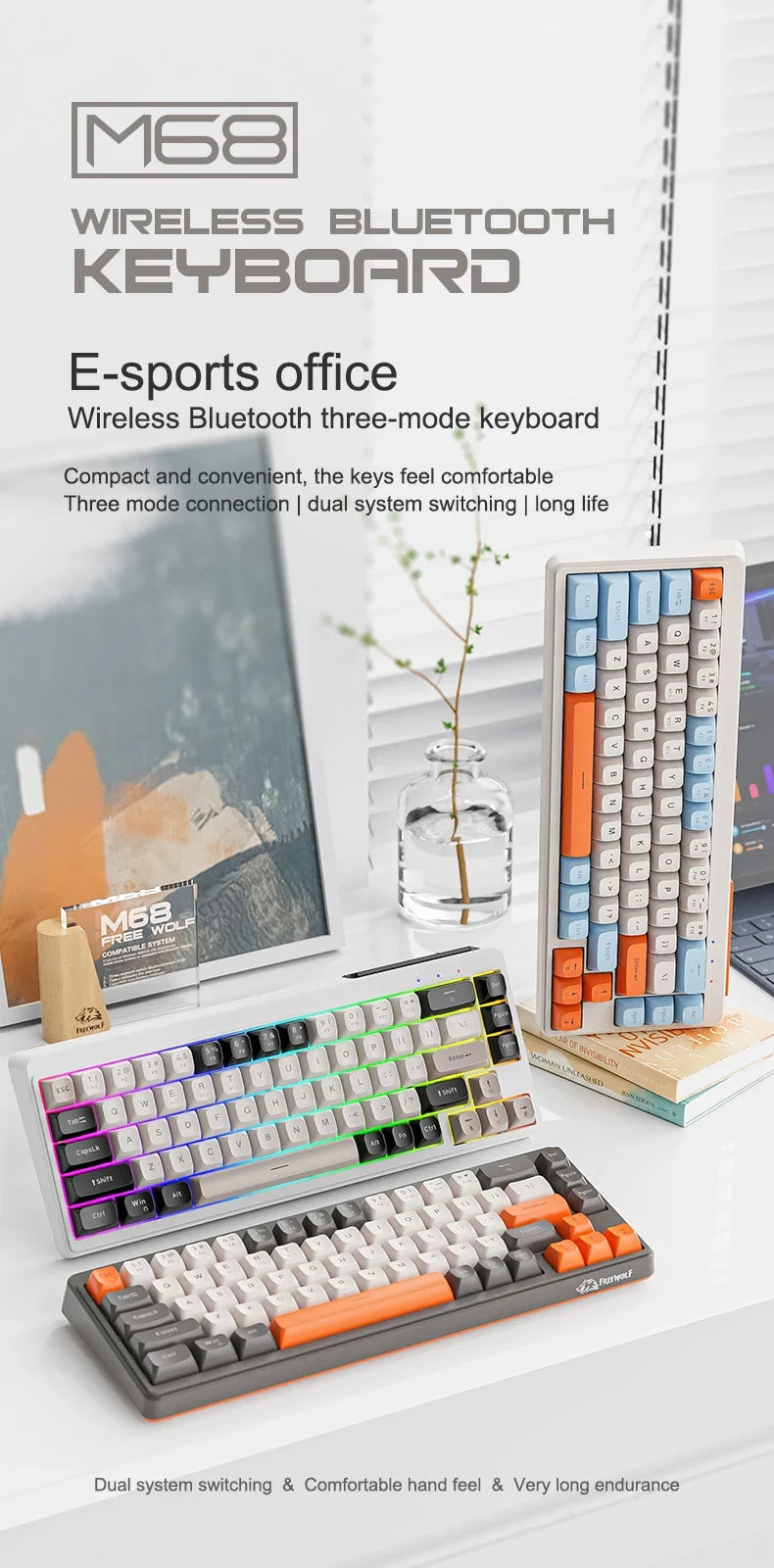 FREEWOLF M68™ Wireless Mini Keyboard & A3 Silent Mouse Set – Tri-Mode Wired/BT/2.4G, 68 Keys, PBT Keycaps, Rainbow Backlit, 2000mAh, 4000 DPI, Type-C, Cheese, Blueberry & Glimmer | FlipStylez LLC®