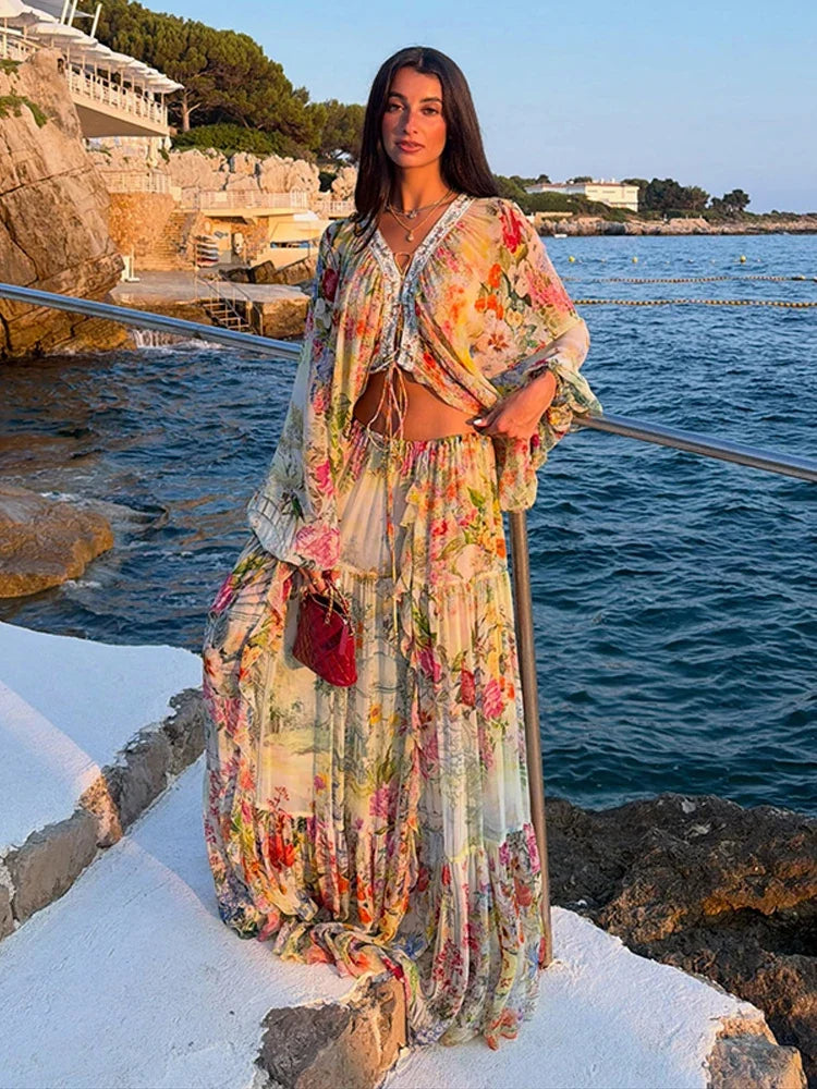Bohemian Floral Matching Set V Neck Tie Front Crop Top Elastic Waist