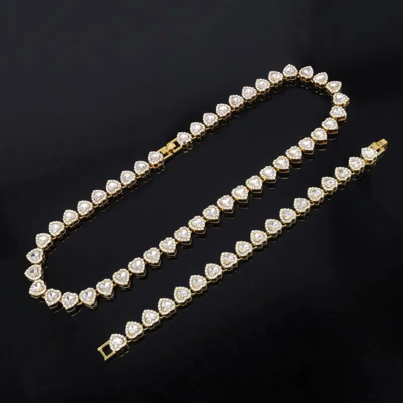 45CM New Hip Hop Tennis Chain Bracelet Necklace Shiny Heart Rhinestone