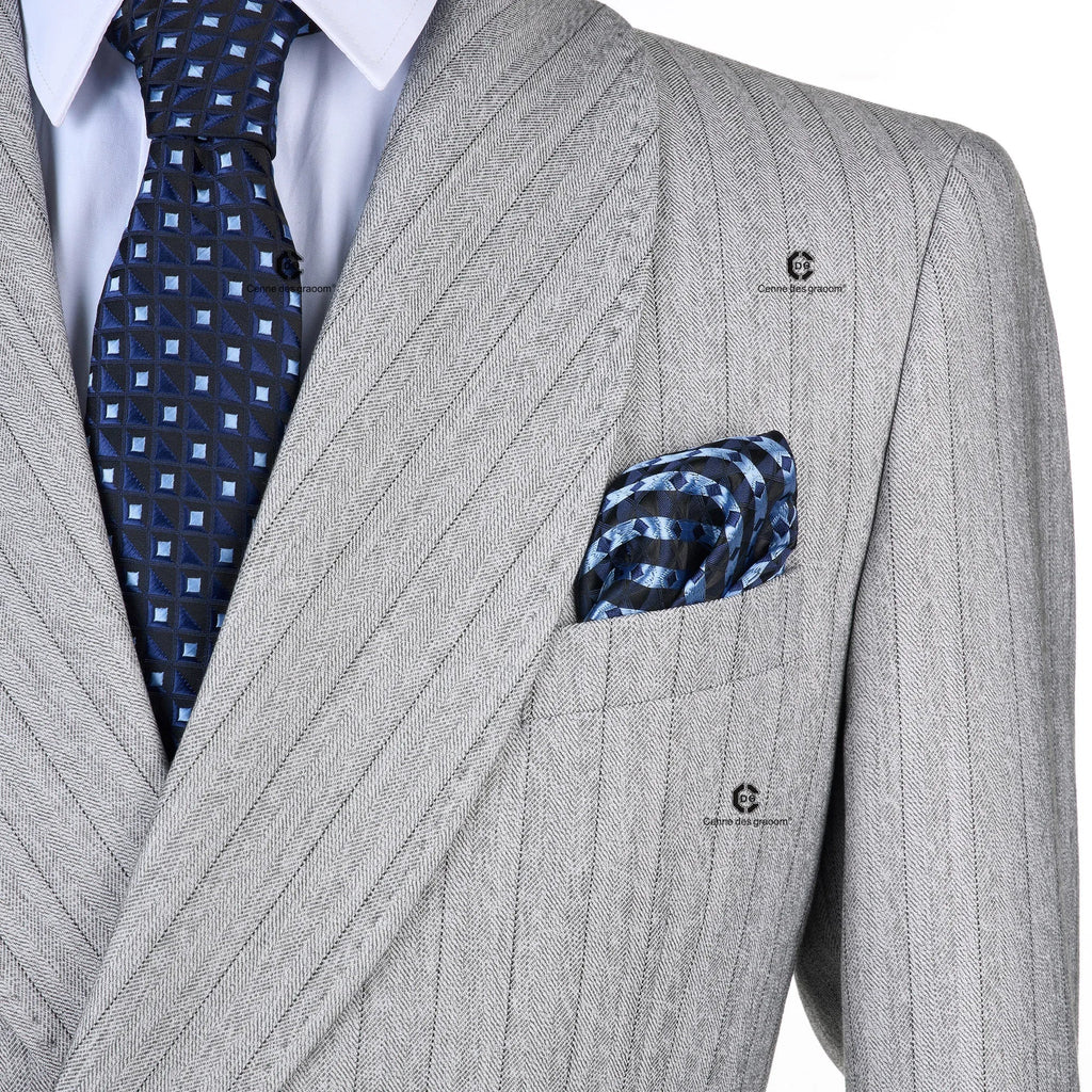 Cenne Des Graoom Light Grey Striped Double-Breasted Men Suits with