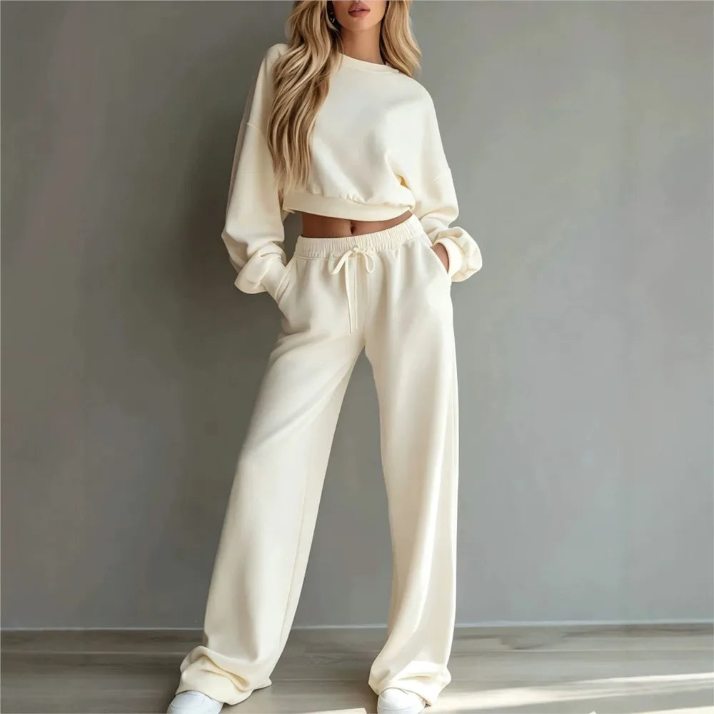 Autumn New Casual O Neck Long-Sleeved Ultra-Short Sweatshirt Trousers