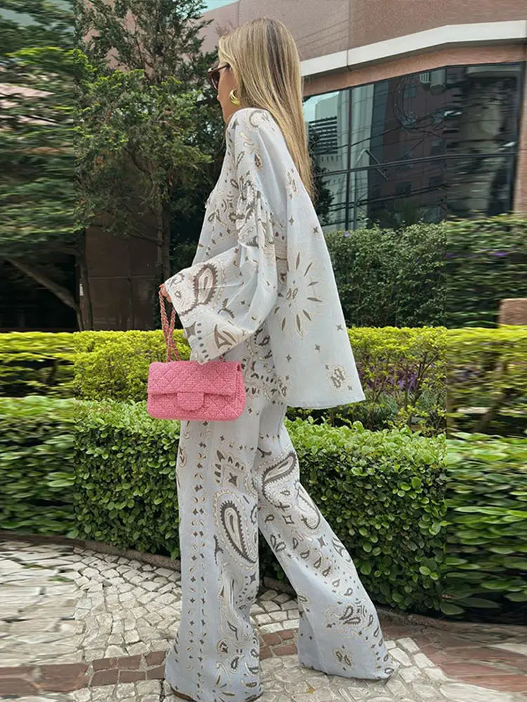 Casual Printed Women's Shirt Trouser Suits Lace Up Long Sleeve Loose