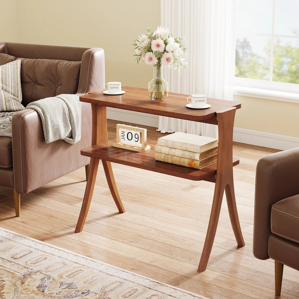 Tribesigns Walnut Side Table for Living Room, Narrow End Table with 2-Tier Storage Shelf and Solid Wood Legs, Slim Bedside Table