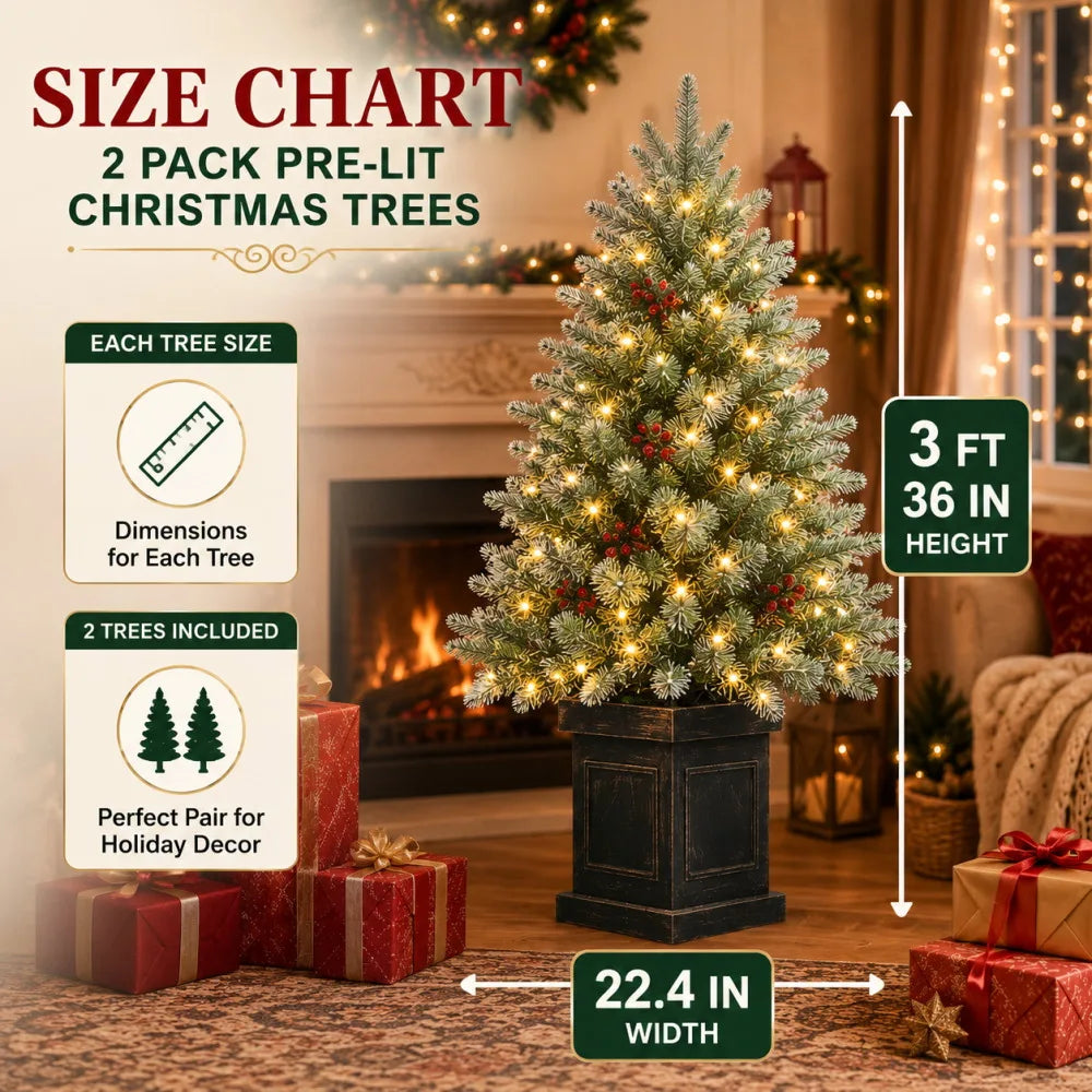 2PCS 3ft Pre-Lit Artificial Christmas Tree with 78 LED Lights, Snow Flocked Mini Xmas Tree with Timer Function, Battery Operated Small Holiday Tree for Home Office Tabletop Decor