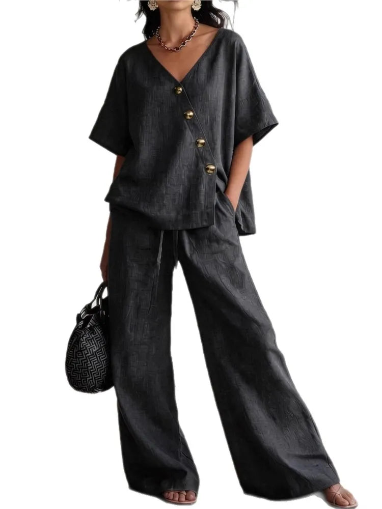Casual Loose Pants Sets Women Summer Fashion Short Sleeve V-Neck Tops