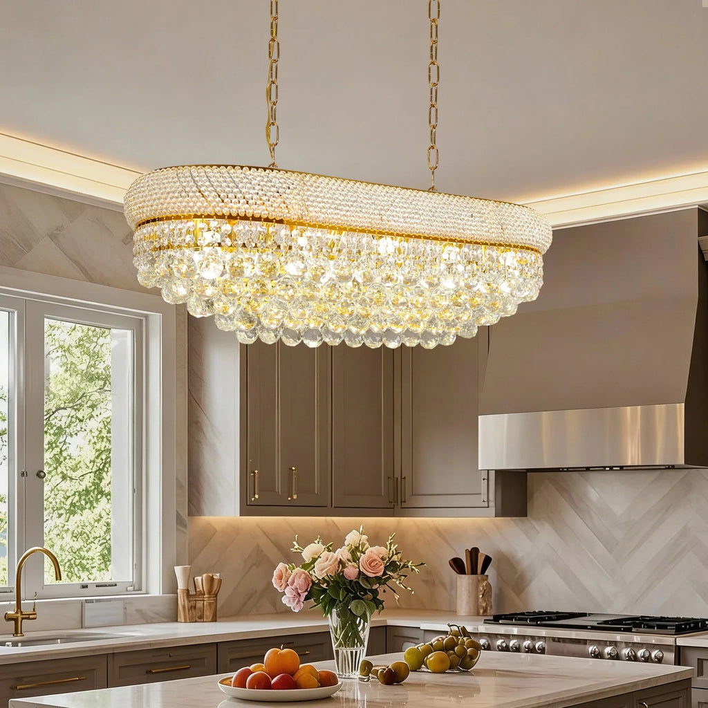 Luxury Ceiling Light: Empire Gold Ceiling Light Fixtures 10 Lights Rectangular Crystals Chandelier Over Long Dining Table, for Kitchen Islands, 3 Colors Temperature