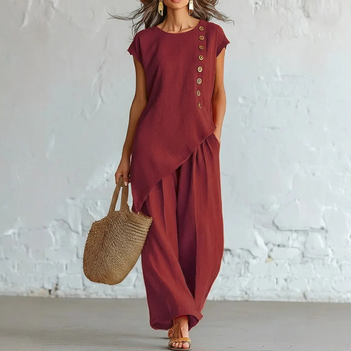 Women 2 Piece Set Elastic Waist Pocket Button Decorate Wide Leg