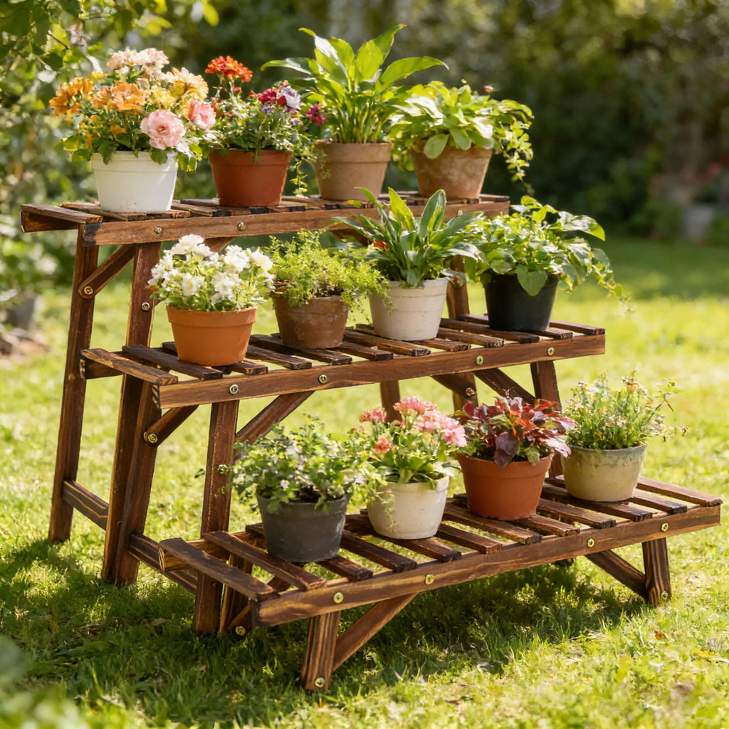 3 Tier Wood Plant Stand Vertical Plant Dislay Shelf In/Ourdoor Plant Rack Balcony Living Room Garden Organizer Plants Holder