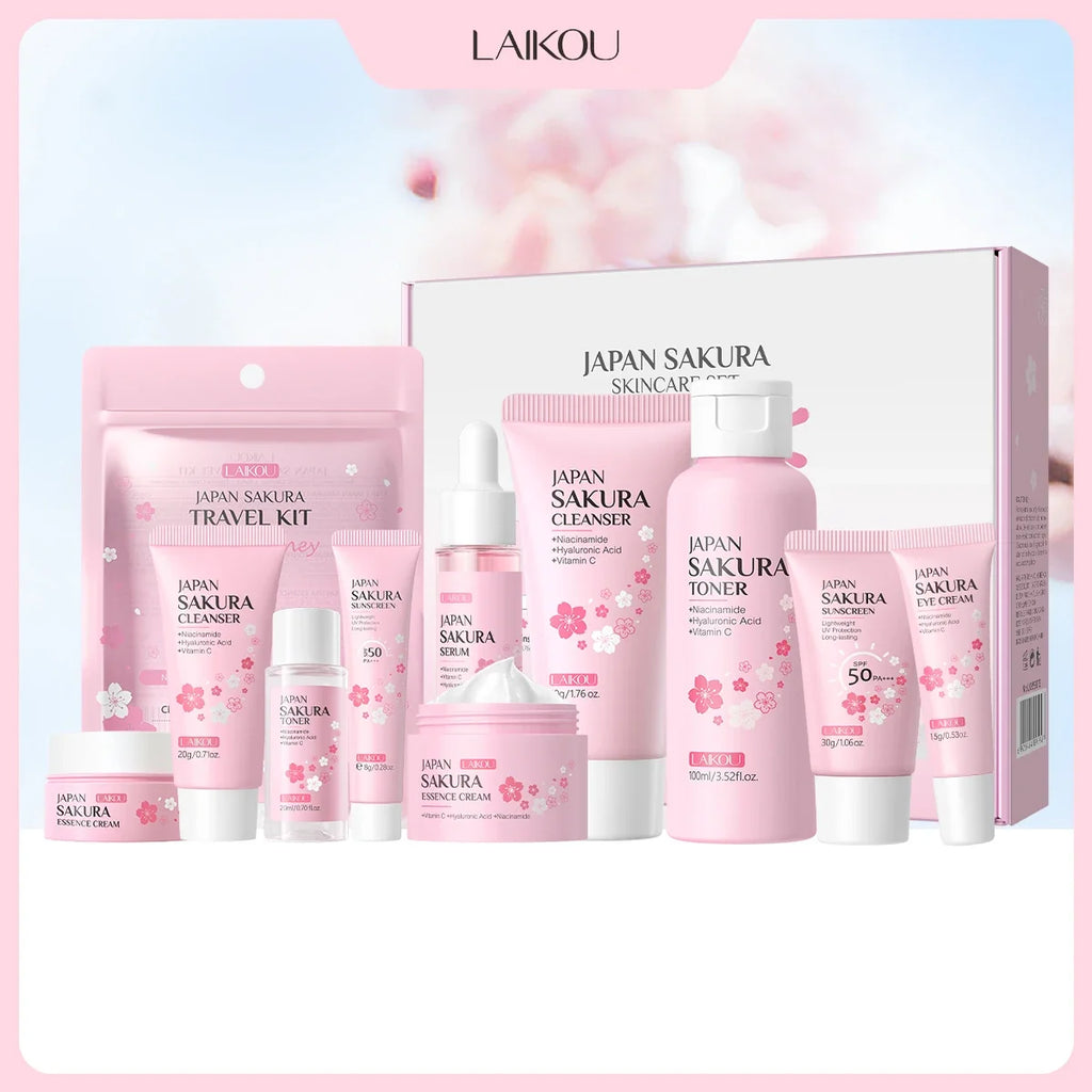 LAIKOU Japan Sakura Full Skincare Set Cleanser Toner Serum Cream Eye Cream Sunscreen Travel Kit Complete Facial Care