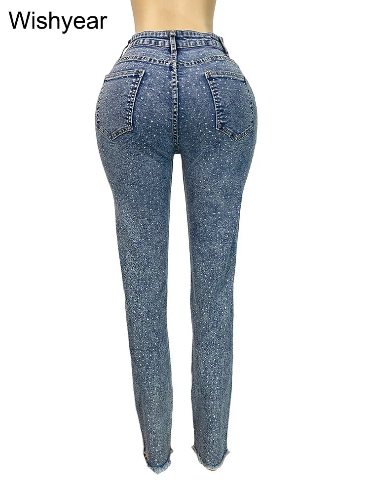Diamond Distressed Skinny Jeans | Beaded High-Waist Pencil Pants | Women's Y2K Streetwear Denim