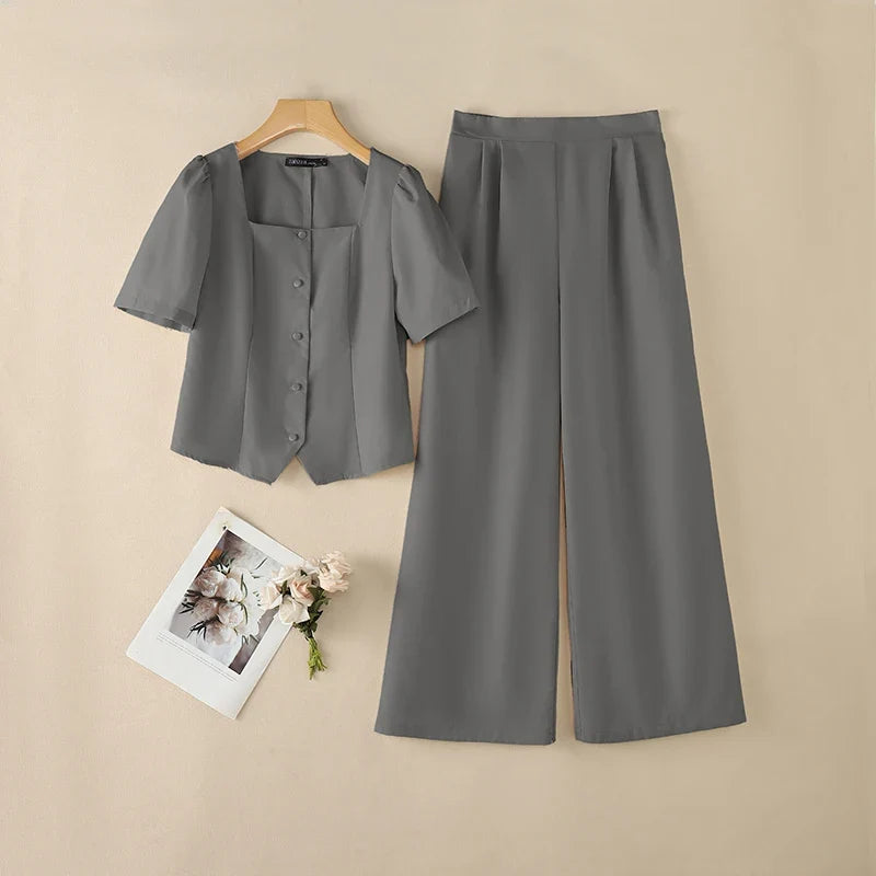 2PCS Women OL Work Outfits Zanzea Summer Square Neck Short Sleeve