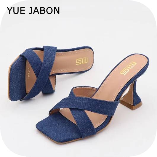 Blue Women's Shoes Fashion Summer Women's Slippers Square Toe Solid