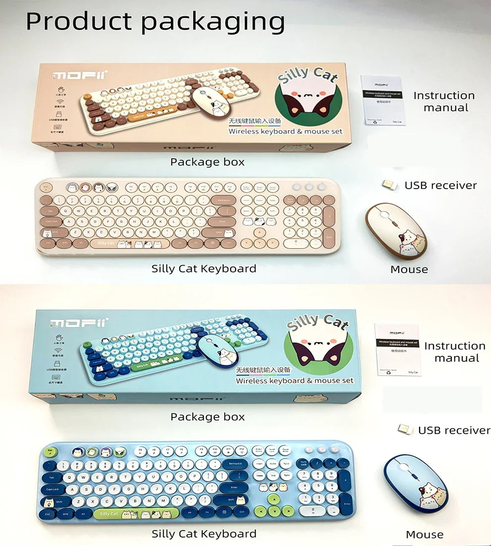 JOMAA™ Retro Cute Cat Wireless Keyboard & Mouse Combo – 104 Keys, Round Keycaps, 2.4GHz, Ergonomic, Auto Sleep, Multi-Language, Beige & Blue | FlipStylez LLC®