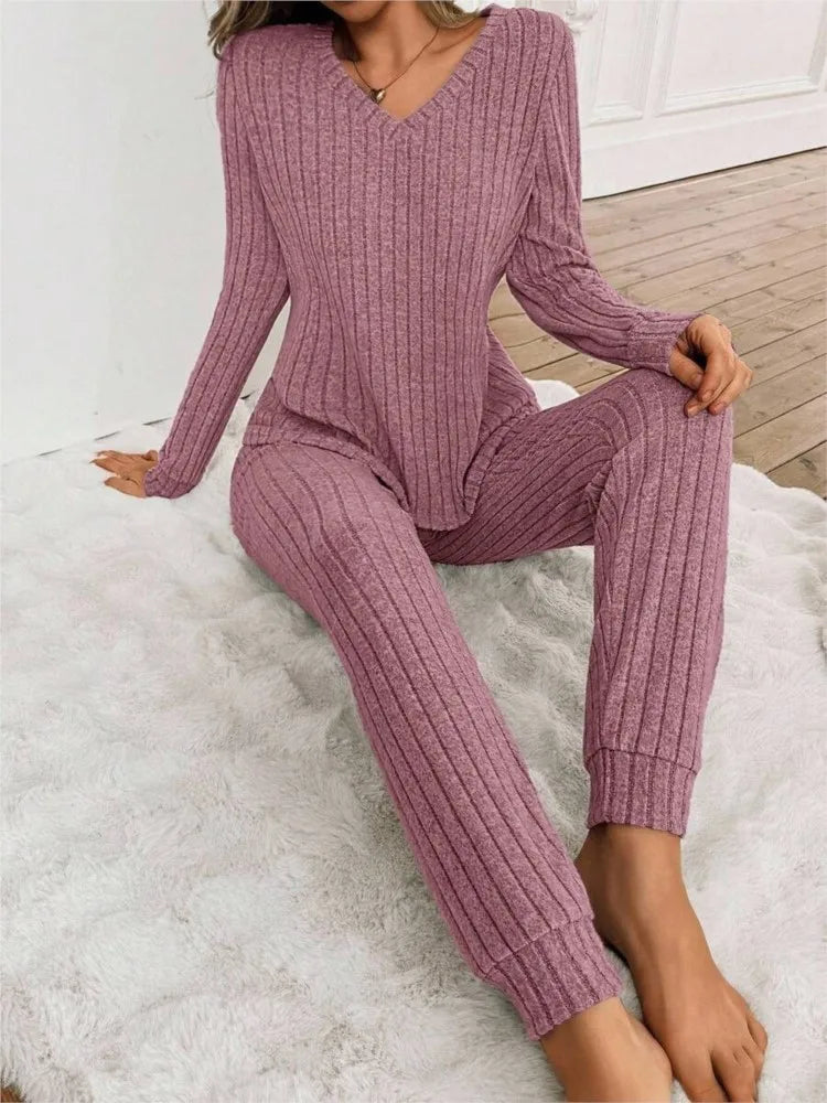 Casual V-Neck Knitted Pit Strip T-Shirt Long-Sleeved Womes Suit Autumn