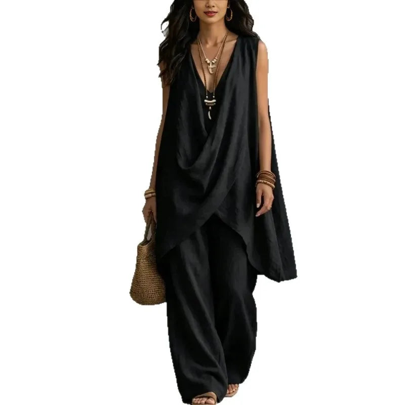 Summer Linen Cotton Sleeveless Stand Collar Set Women Casual Loose Fit