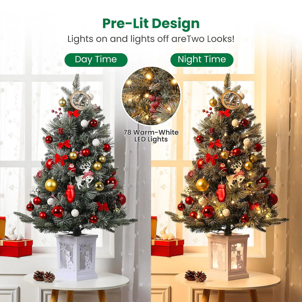 3FT Prelit Artificial Christmas Tree with Lights 3 Foot Artificial Christmas Tree with Snowflake Base 78 LED Prelit Christmas Tree Battery Operated Timer Easy Assembly Winter Holiday Decor
