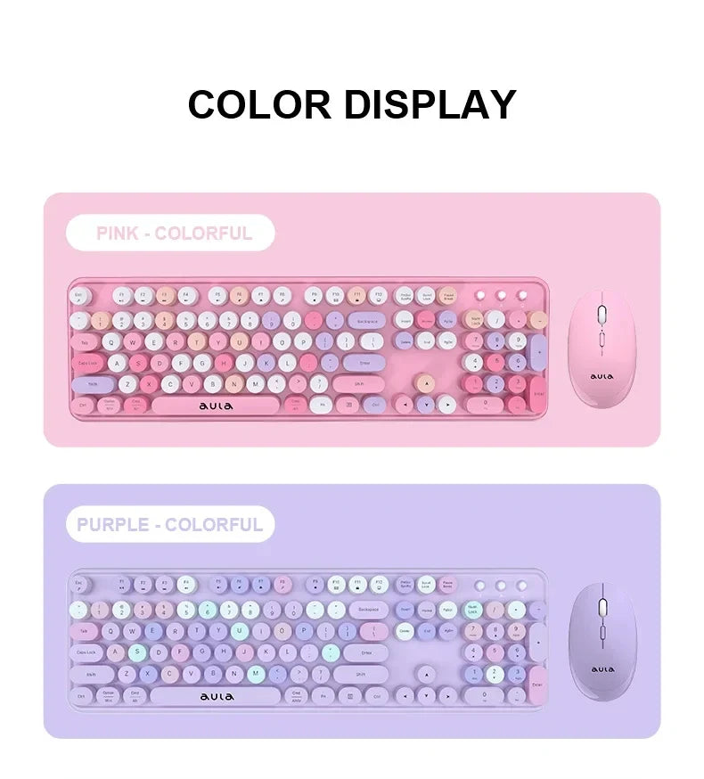 AULA AC306™ Wireless Retro Round Keycap Keyboard & Mouse Set – Silent 2.4G, Pink & Coffee | FlipStylez LLC®