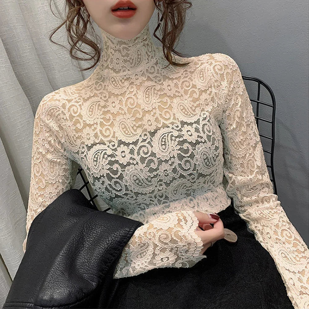 Blouse Women Transparent Lace T Shirt Stretch Turtleneck Petal Sleeve