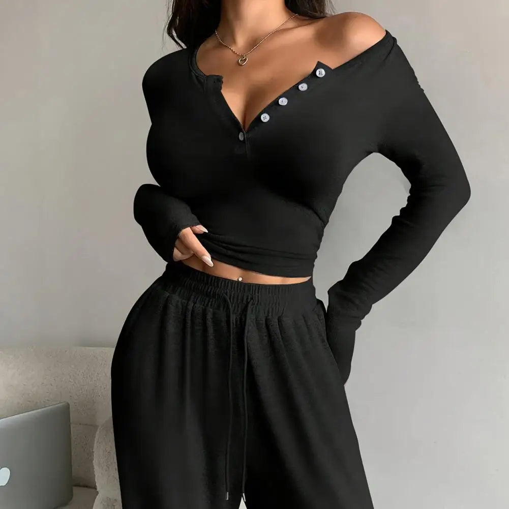 Button Up Crop Top & Wide Leg Pants Set, Women's Long Sleeve Matching