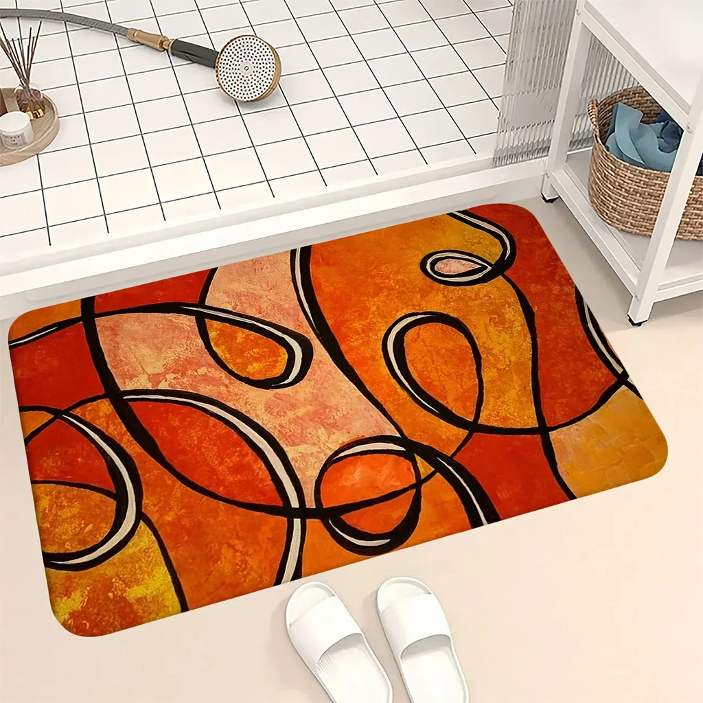 Abstract Orange Geometric Bath Mat, Black Line Print Non-Slip Rug
