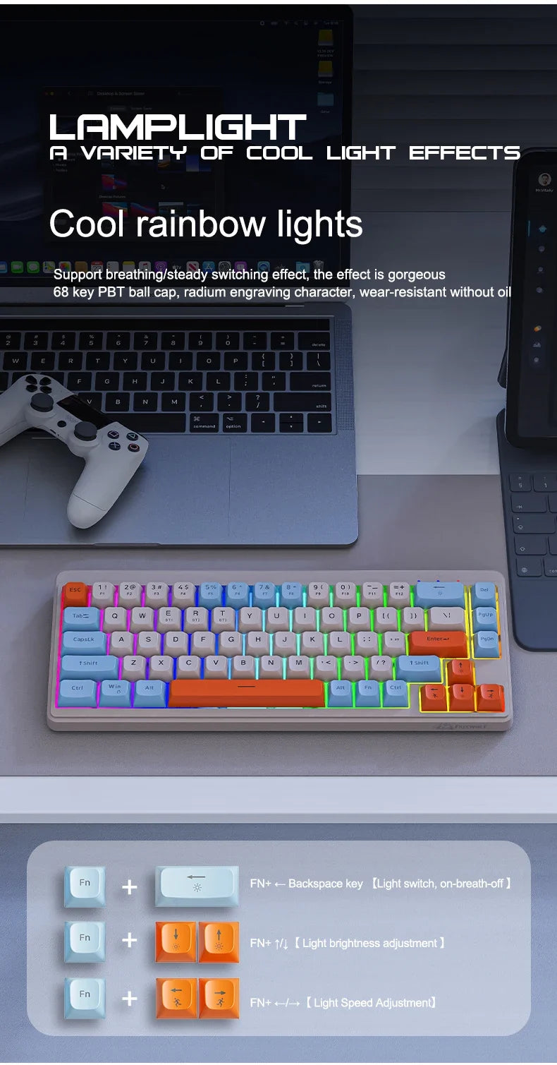 FREEWOLF M68™ Wireless Mini Keyboard & A3 Silent Mouse Set – Tri-Mode Wired/BT/2.4G, 68 Keys, PBT Keycaps, Rainbow Backlit, 2000mAh, 4000 DPI, Type-C, Cheese, Blueberry & Glimmer | FlipStylez LLC®
