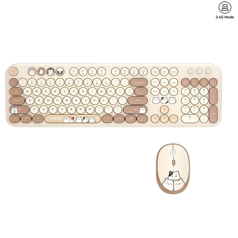 JOMAA™ Retro Cute Cat Wireless Keyboard & Mouse Combo – 104 Keys, Round Keycaps, 2.4GHz, Ergonomic, Auto Sleep, Multi-Language, Beige & Blue | FlipStylez LLC®