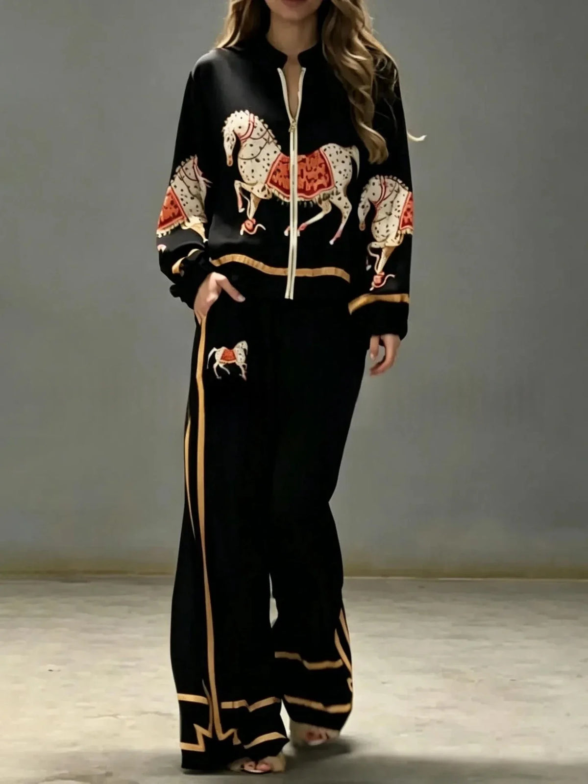 Autumn Animal Print Coat Trousers Suit Women Zipper Casual Long Sleeve