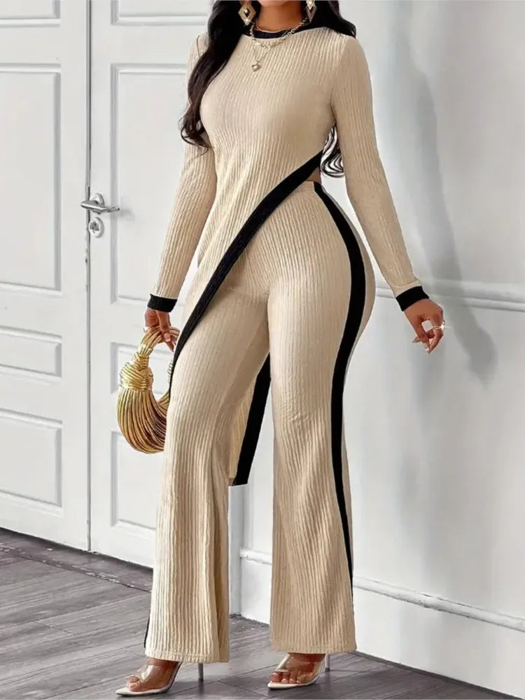 Spring New Casual Trousers Set Woman Irregular Tops Wide Leg Elastic
