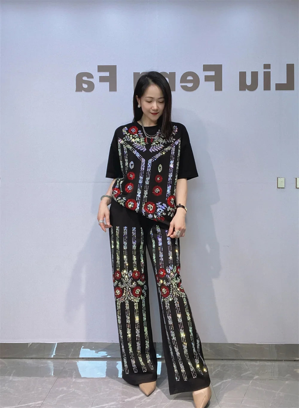 Summer Sequins Flower Short Sleeve T Shirt & Wide Leg Pant Sets Woman