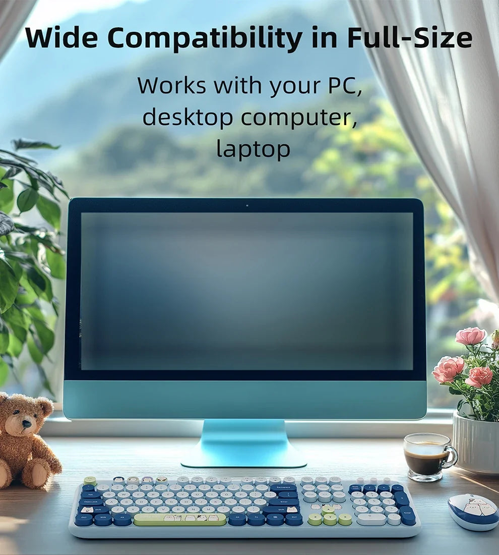 JOMAA™ Retro Cute Cat Wireless Keyboard & Mouse Combo – 104 Keys, Round Keycaps, 2.4GHz, Ergonomic, Auto Sleep, Multi-Language, Beige & Blue | FlipStylez LLC®