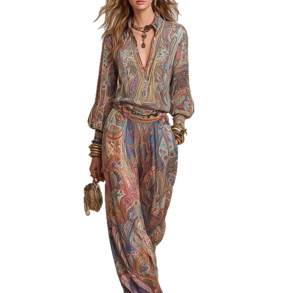 Boho Paisley Print Two-Piece Set for Women Sexy V-Neck Long Sleeve