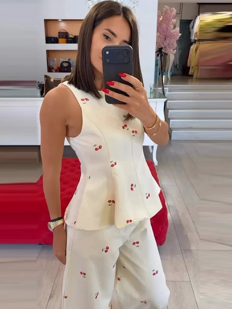 Casual Printed Women's Top Trouser Suits Sleeveless O-Neck Wide Leg