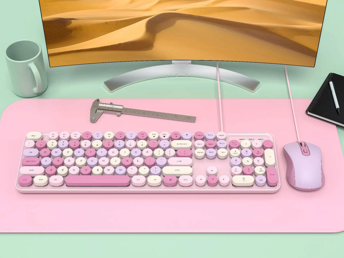 AEVYVKV™ Cute Retro Pink Wireless Keyboard & Mouse Set – Silent, 114 Keys, 2.4GHz, Waterproof, Aesthetic Desk | FlipStylez LLC®