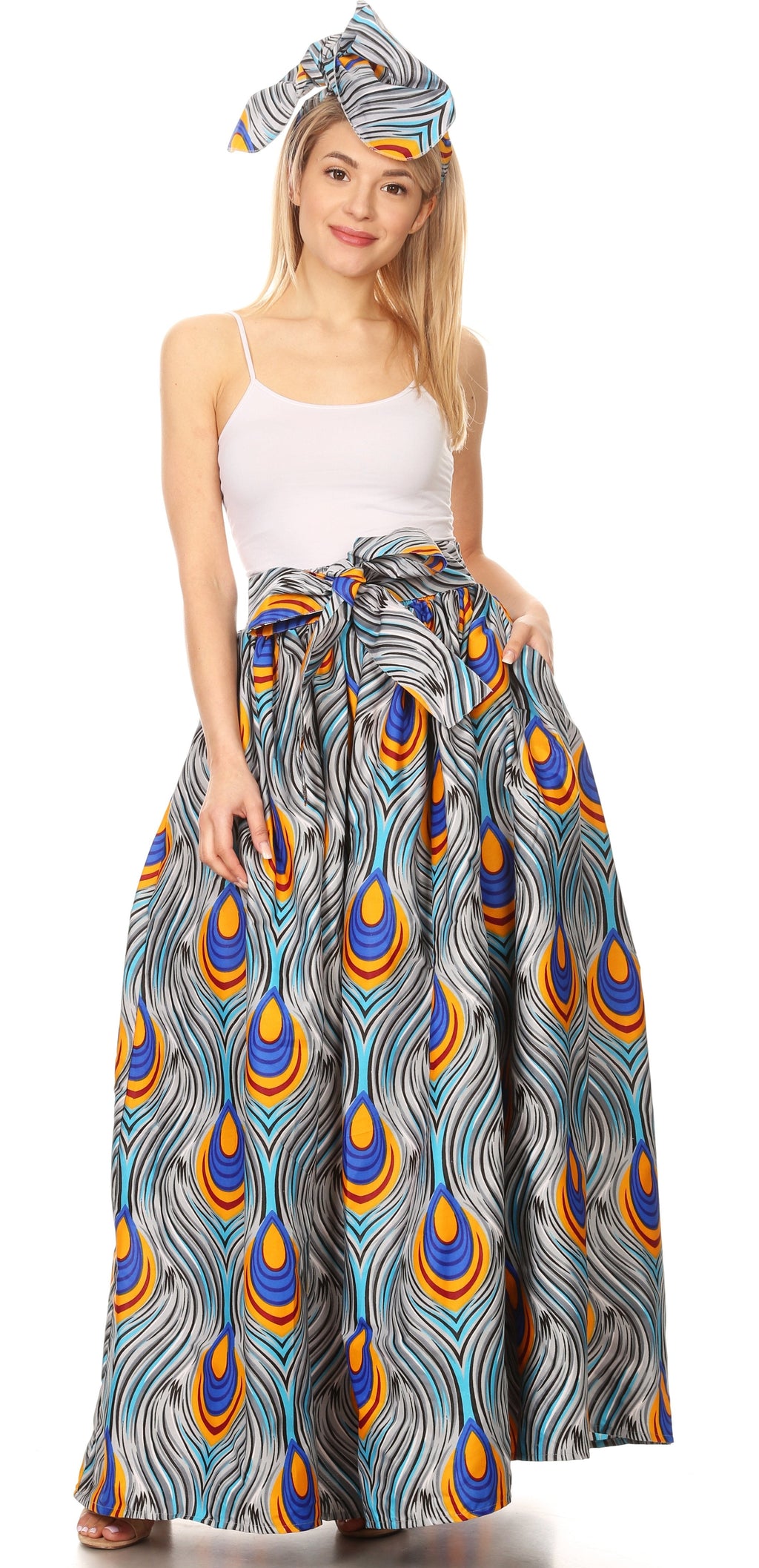 Sakkas Ami Women's Maxi Long African Ankara Print Skirt Pockets & Elastic Waist