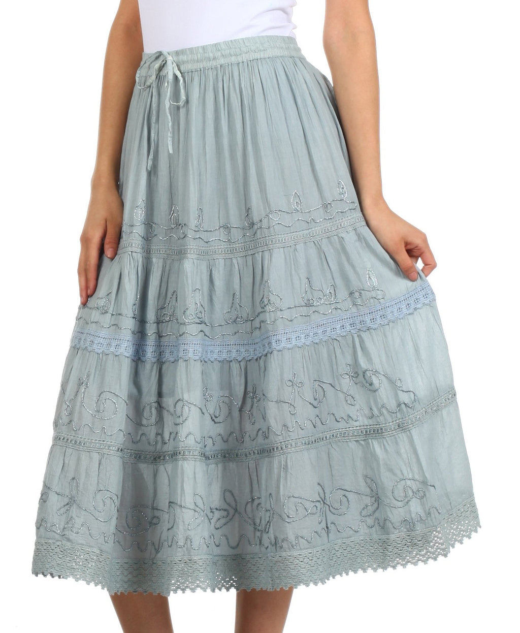 Sakkas Solid Embroidered Crochet Lace Trim Gypsy Bohemian Mid Length Cotton Skirt