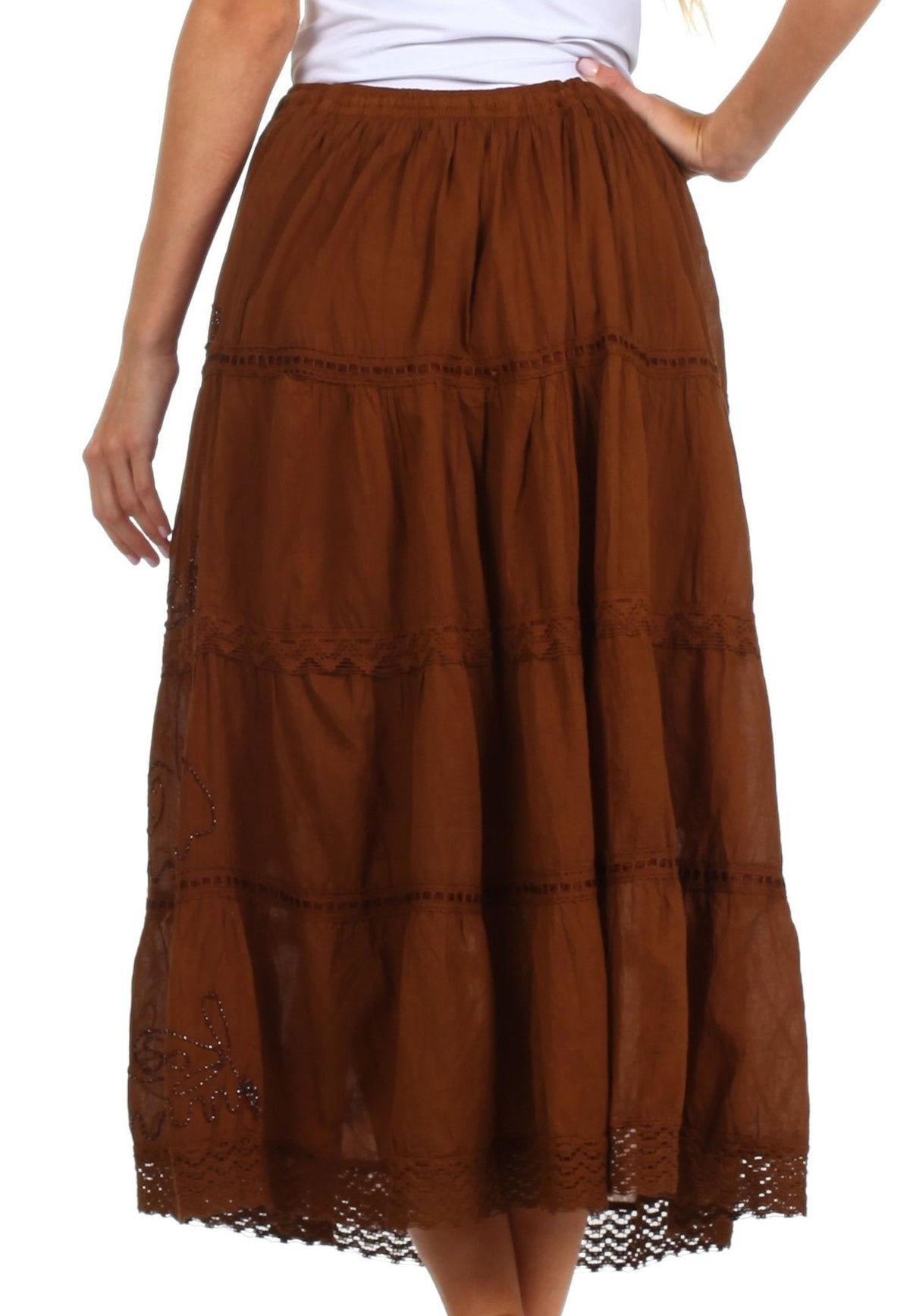 Sakkas Solid Embroidered Crochet Lace Trim Gypsy Bohemian Mid Length Cotton Skirt