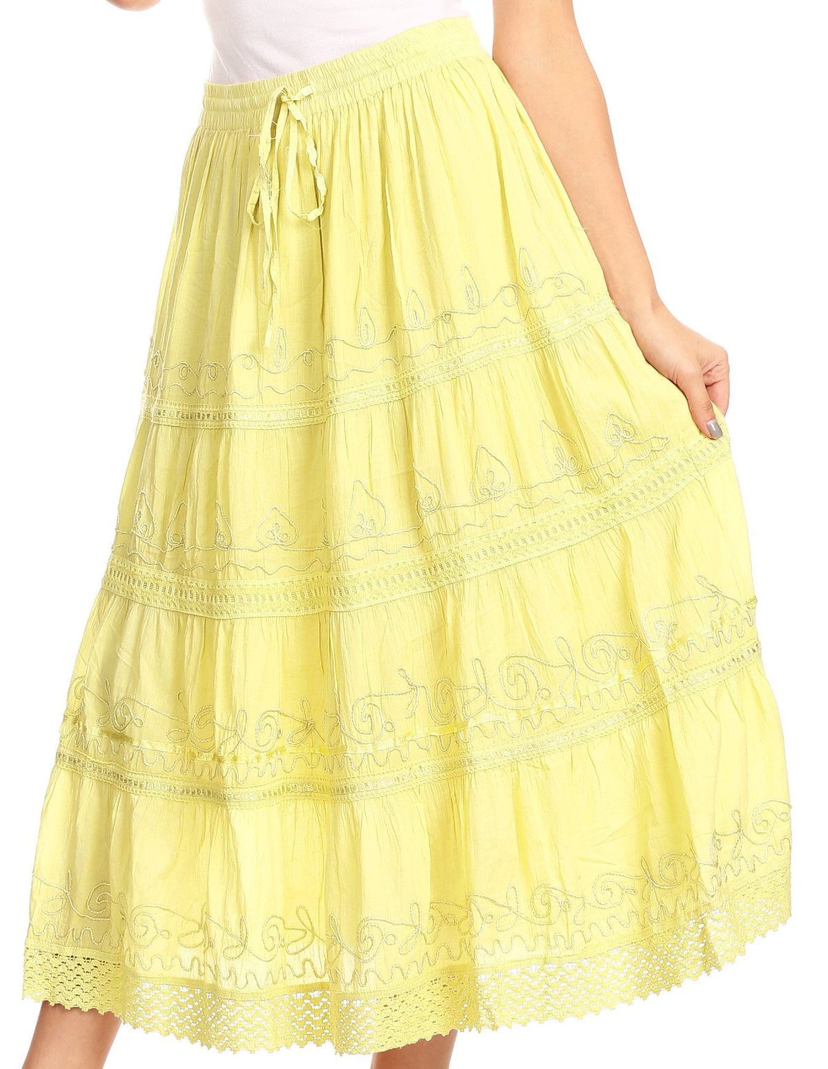Sakkas Solid Embroidered Crochet Lace Trim Gypsy Bohemian Mid Length Cotton Skirt
