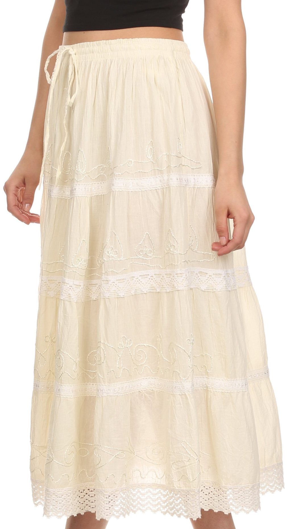 Sakkas Solid Embroidered Crochet Lace Trim Gypsy Bohemian Mid Length Cotton Skirt