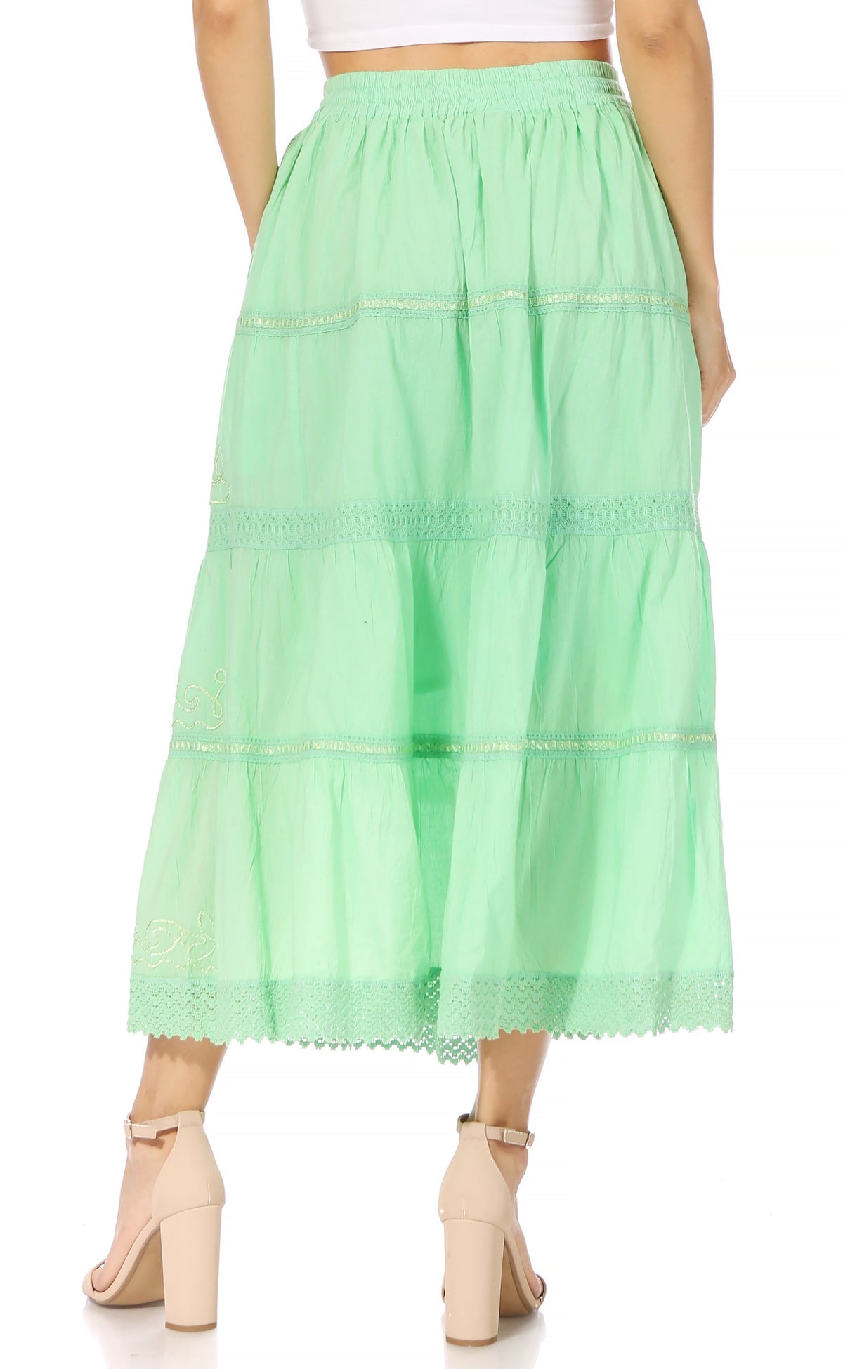 Sakkas Solid Embroidered Crochet Lace Trim Gypsy Bohemian Mid Length Cotton Skirt