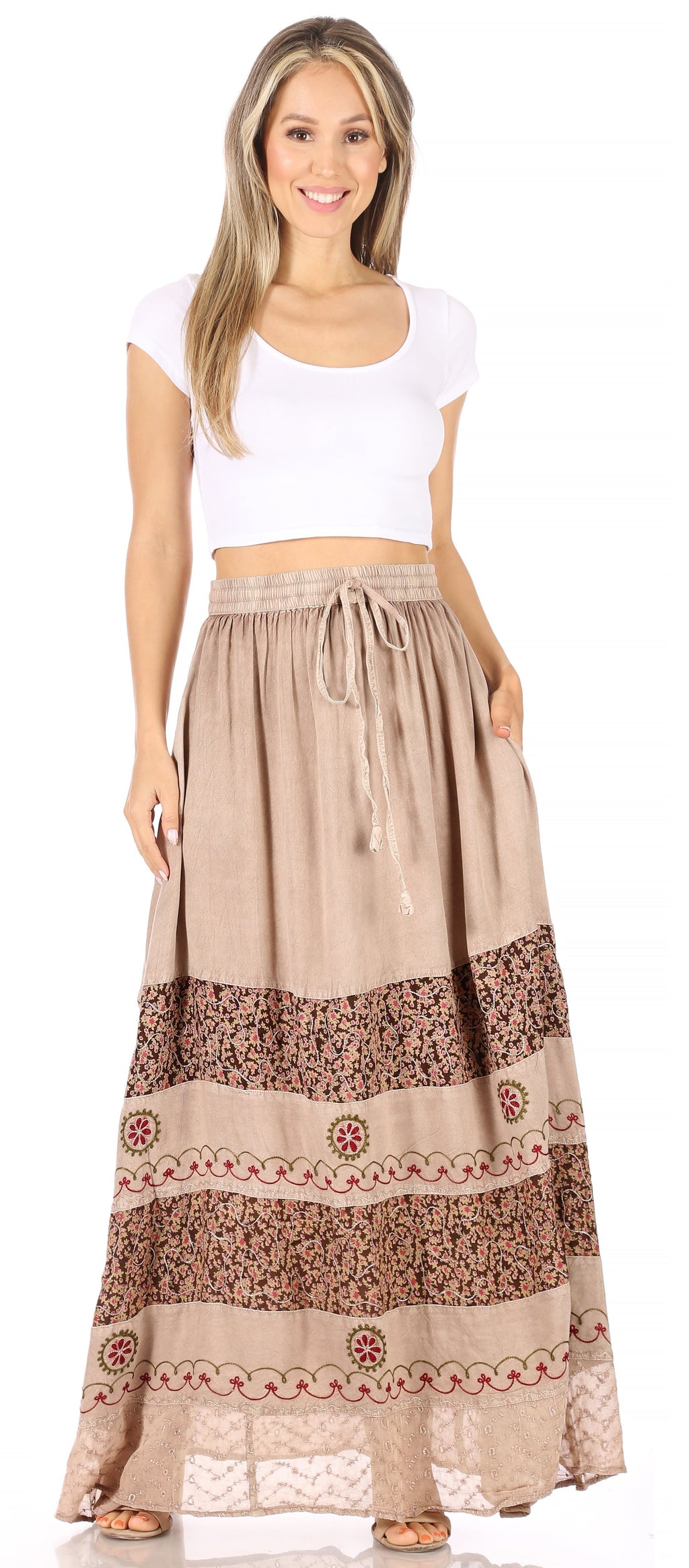 Sakkas Sandra Women's Casual Long Maxi Boho Gypsy Skirt Elastic Waist & Pockets