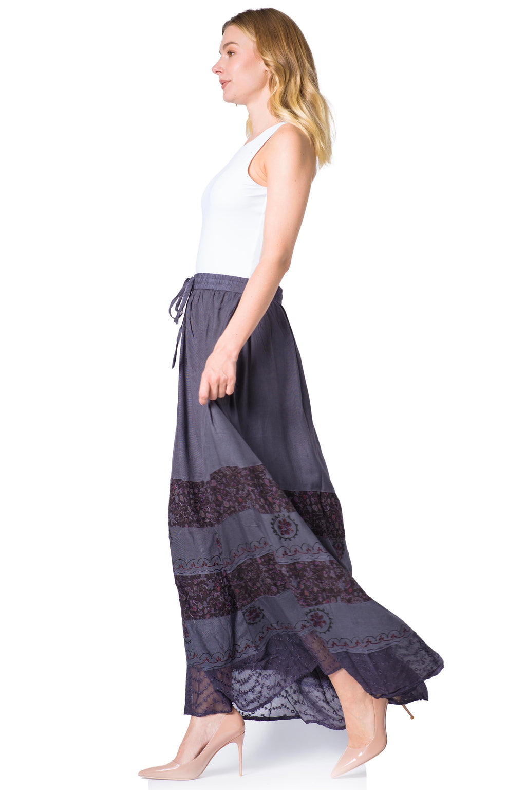 Sakkas Sandra Women's Casual Long Maxi Boho Gypsy Skirt Elastic Waist & Pockets