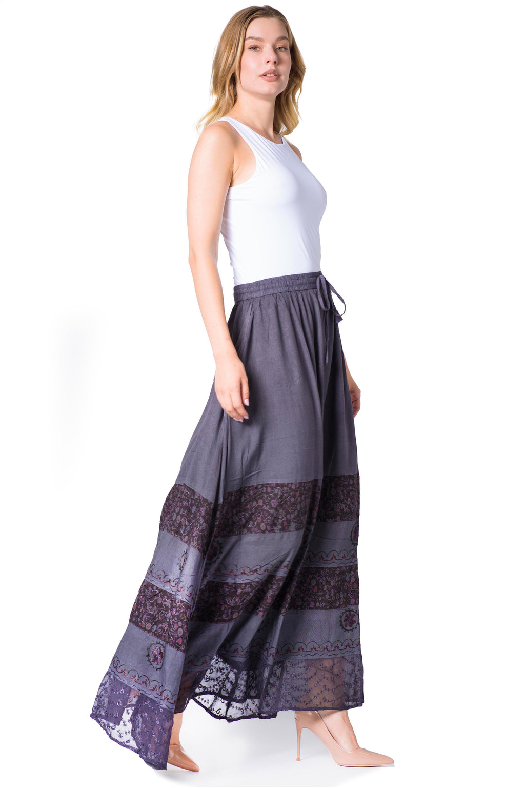 Sakkas Sandra Women's Casual Long Maxi Boho Gypsy Skirt Elastic Waist & Pockets