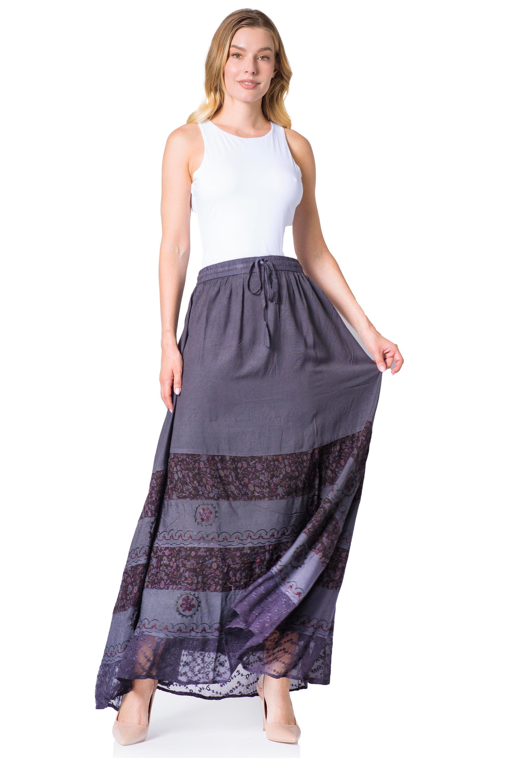 Sakkas Sandra Women's Casual Long Maxi Boho Gypsy Skirt Elastic Waist & Pockets