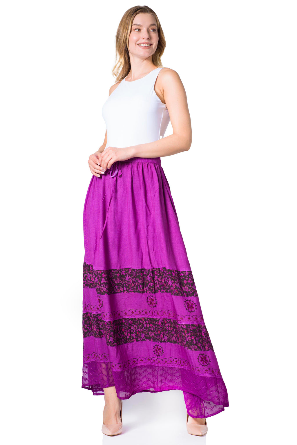 Sakkas Sandra Women's Casual Long Maxi Boho Gypsy Skirt Elastic Waist & Pockets