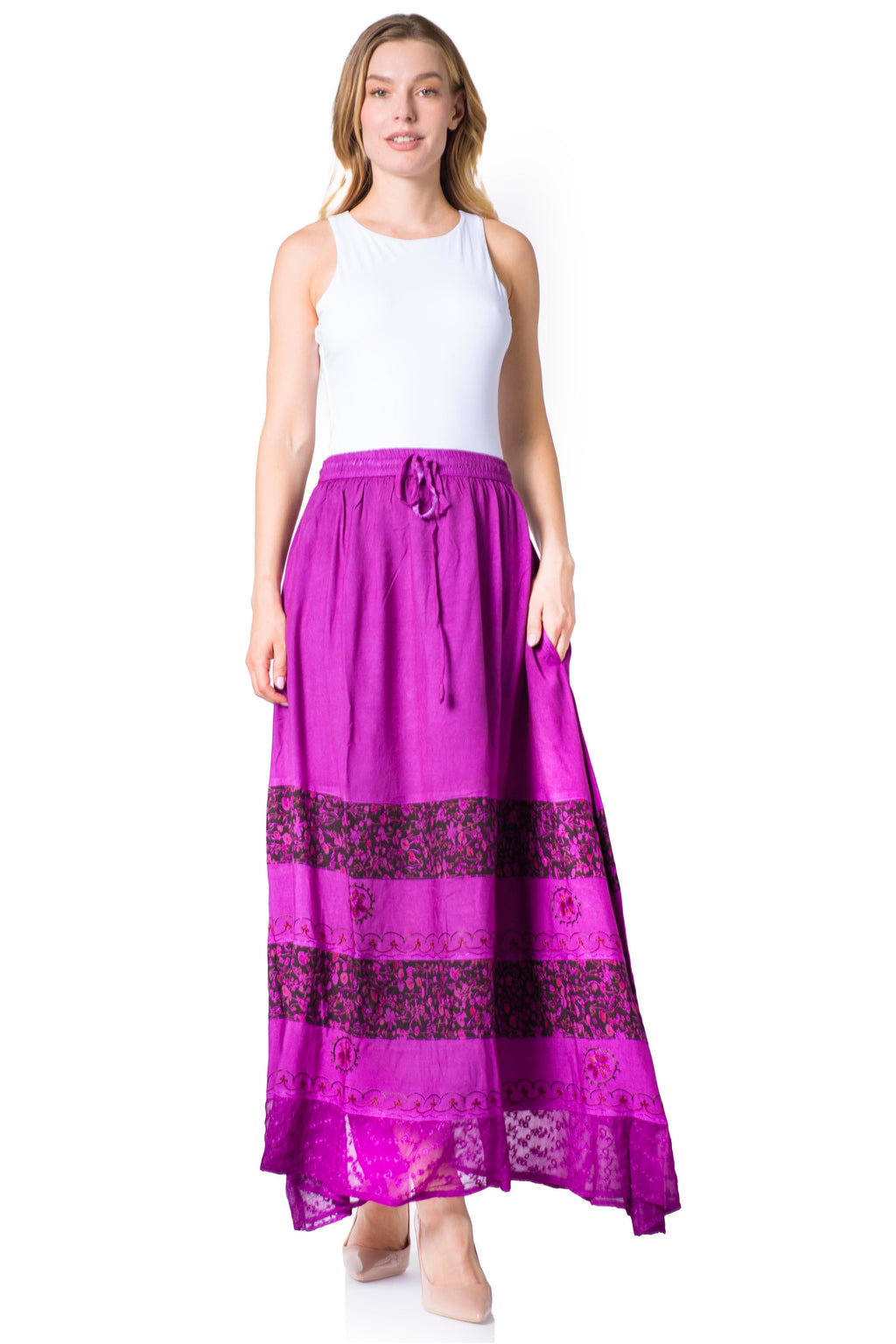 Sakkas Sandra Women's Casual Long Maxi Boho Gypsy Skirt Elastic Waist & Pockets