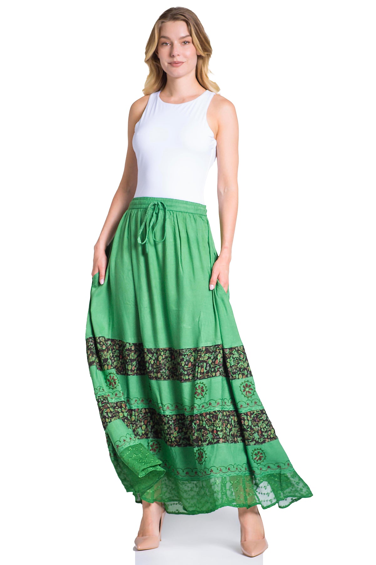 Sakkas Sandra Women's Casual Long Maxi Boho Gypsy Skirt Elastic Waist & Pockets