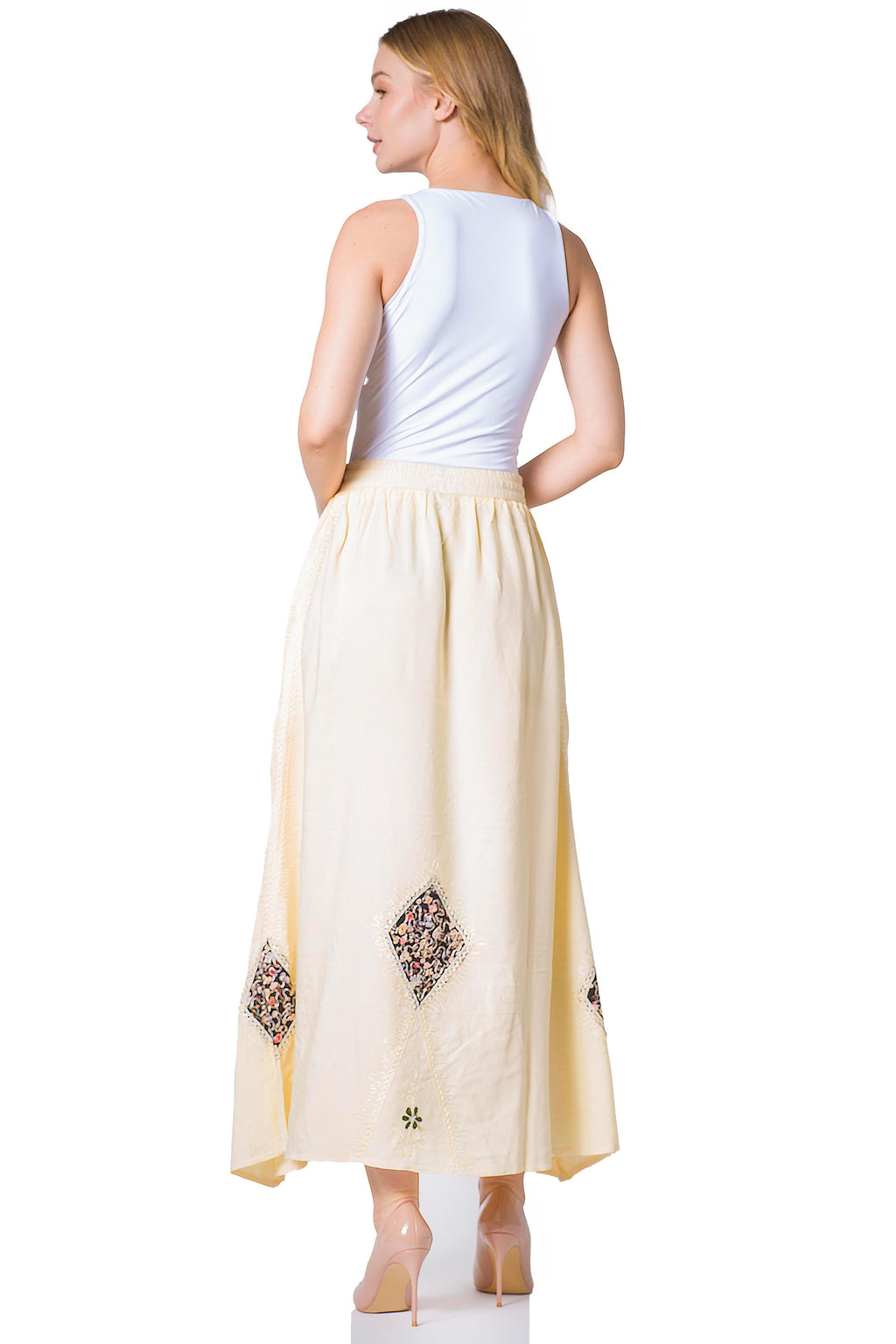 Sakkas Zarah Women's Boho Embroidery Gypsy Skirt with Lace Elastic Waist Pockets