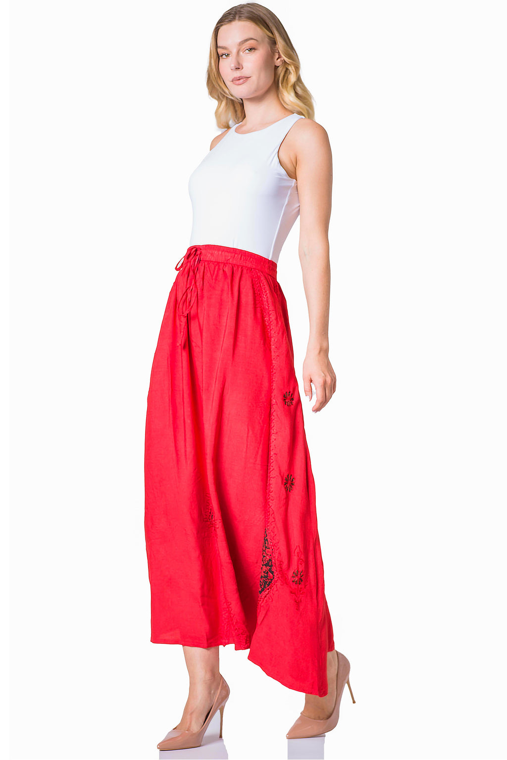 Sakkas Zarah Women's Boho Embroidery Gypsy Skirt with Lace Elastic Waist Pockets