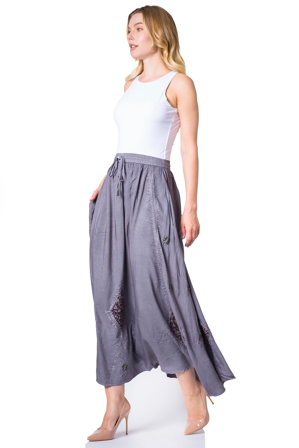 Sakkas Zarah Women's Boho Embroidery Gypsy Skirt with Lace Elastic Waist Pockets