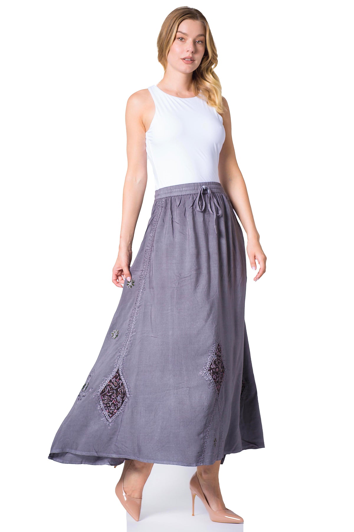 Sakkas Zarah Women's Boho Embroidery Gypsy Skirt with Lace Elastic Waist Pockets